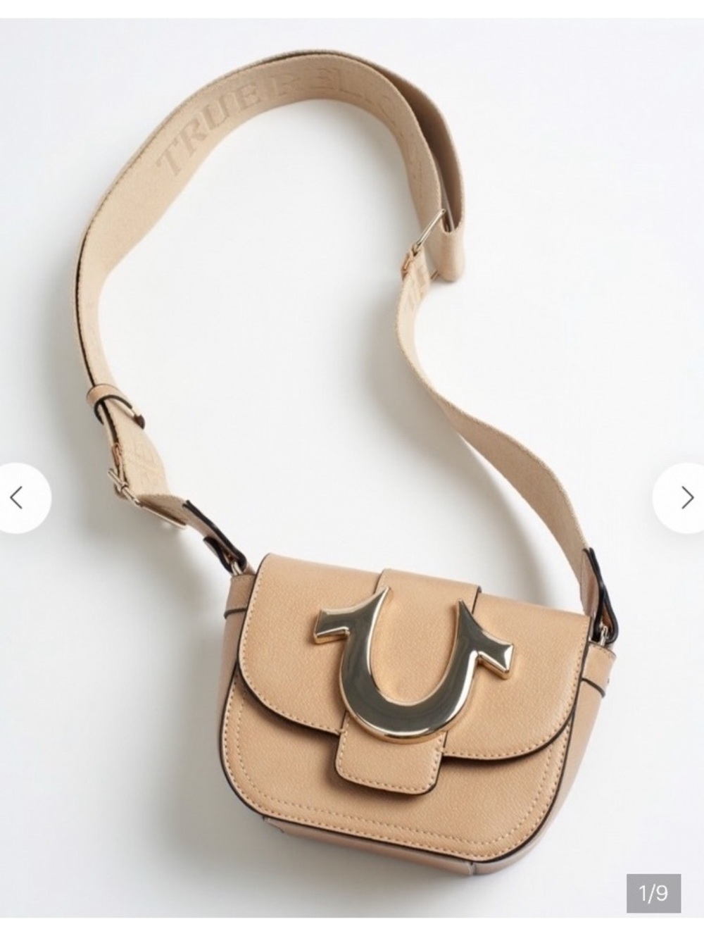True Religion Mini Horseshoe Crossbody Bag Beige Gold Logo Y2K 2000s
